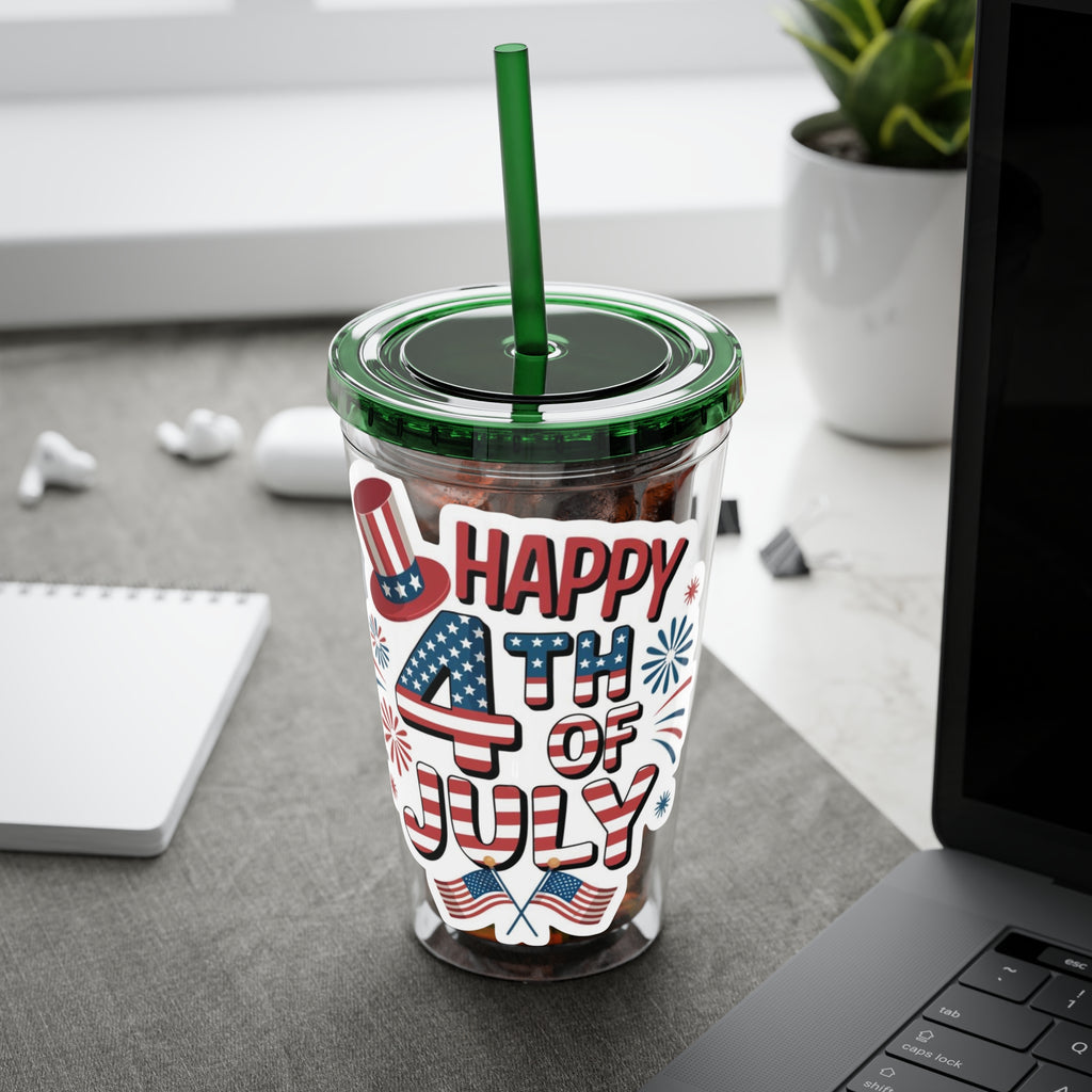 Happy 4th of July Tumbler | 16oz Straw Cup, Patriotic Fireworks Flag Design