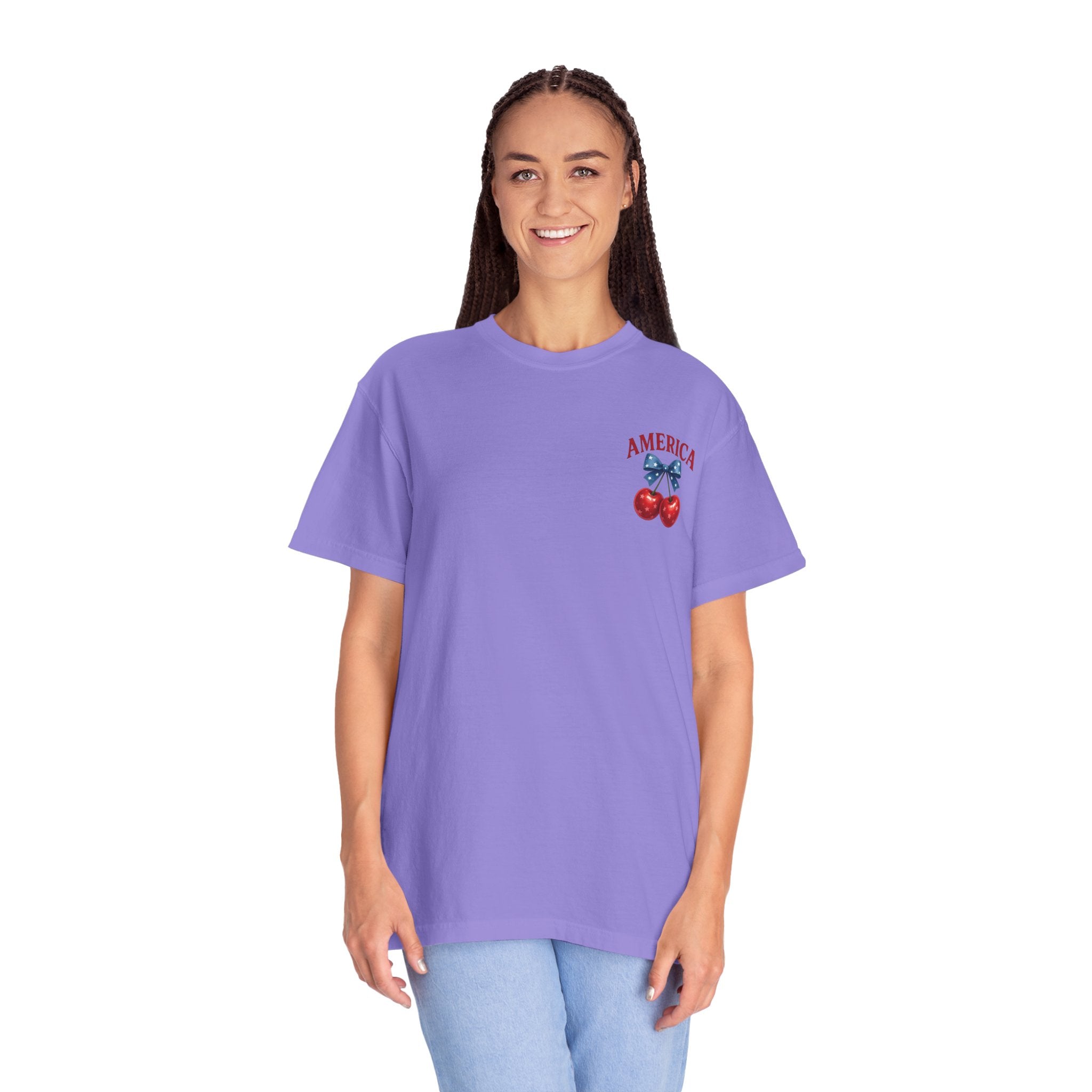America Cherry Bow T-shirt | Patriotic Stars & Stripes Cherry Design