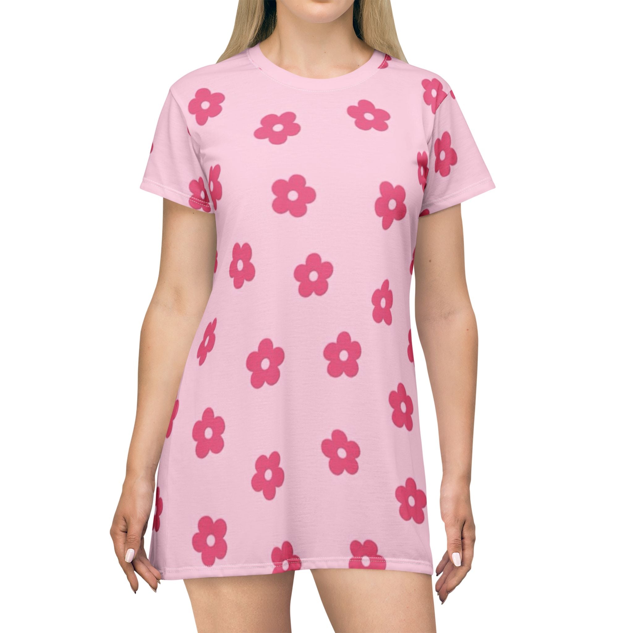 Pink Floral T-Shirt Dress - Cute All-Over-Print Daisy Pattern