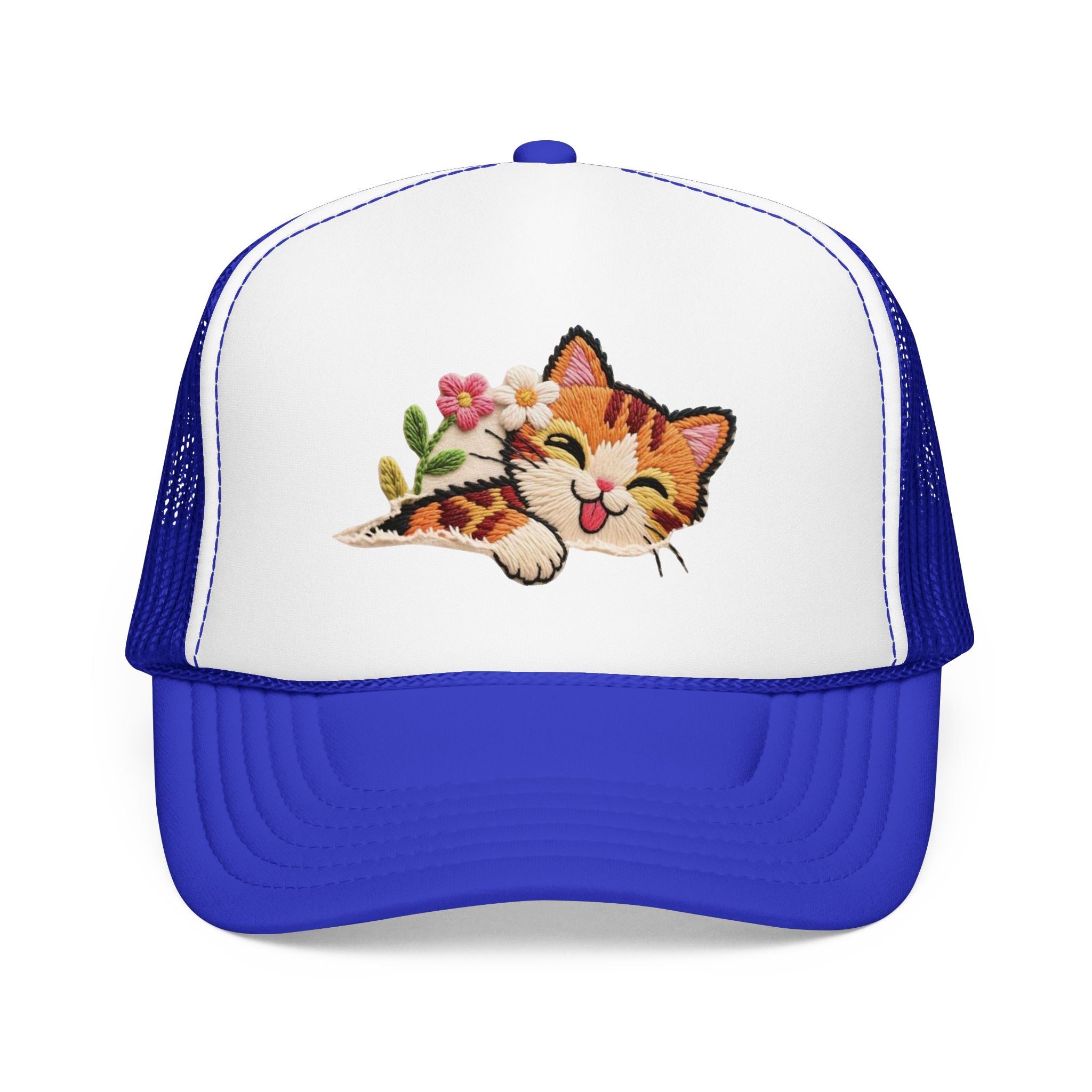 Trucker Hat — Cute Sleeping Calico Cat with Flowers Foam Mesh Cap