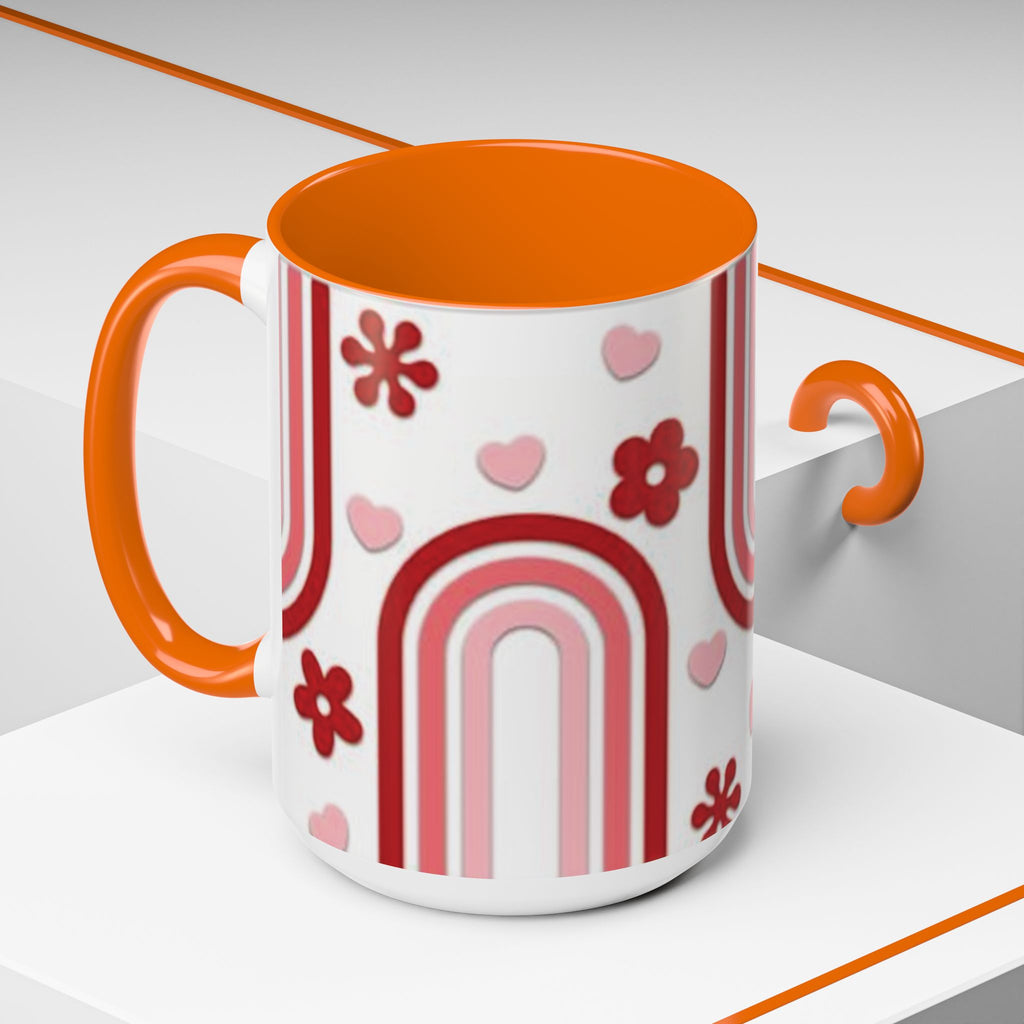 Retro Pink Rainbow Hearts and Flowers Accent Mug | 11oz or 15oz