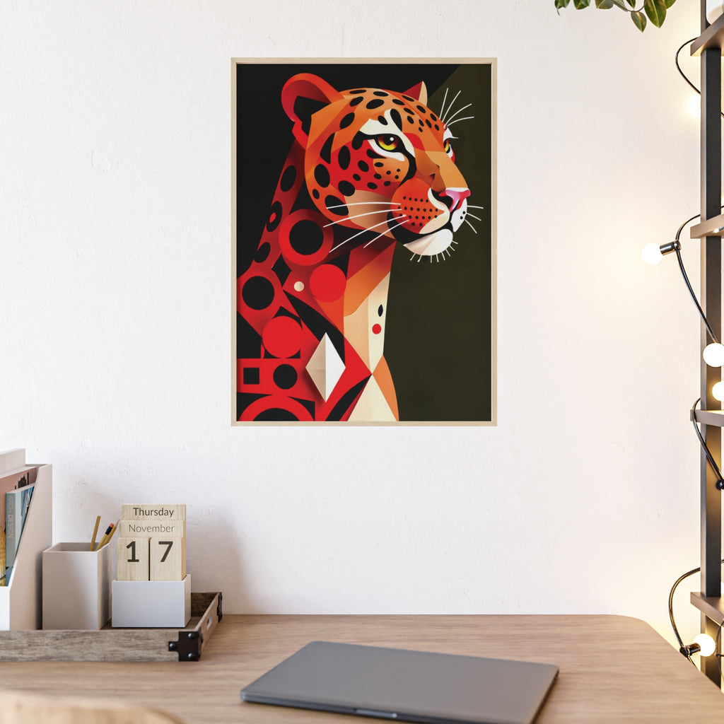 Geometric Leopard Art Poster with Wooden Frame — Bold Wildlife Wall Decor