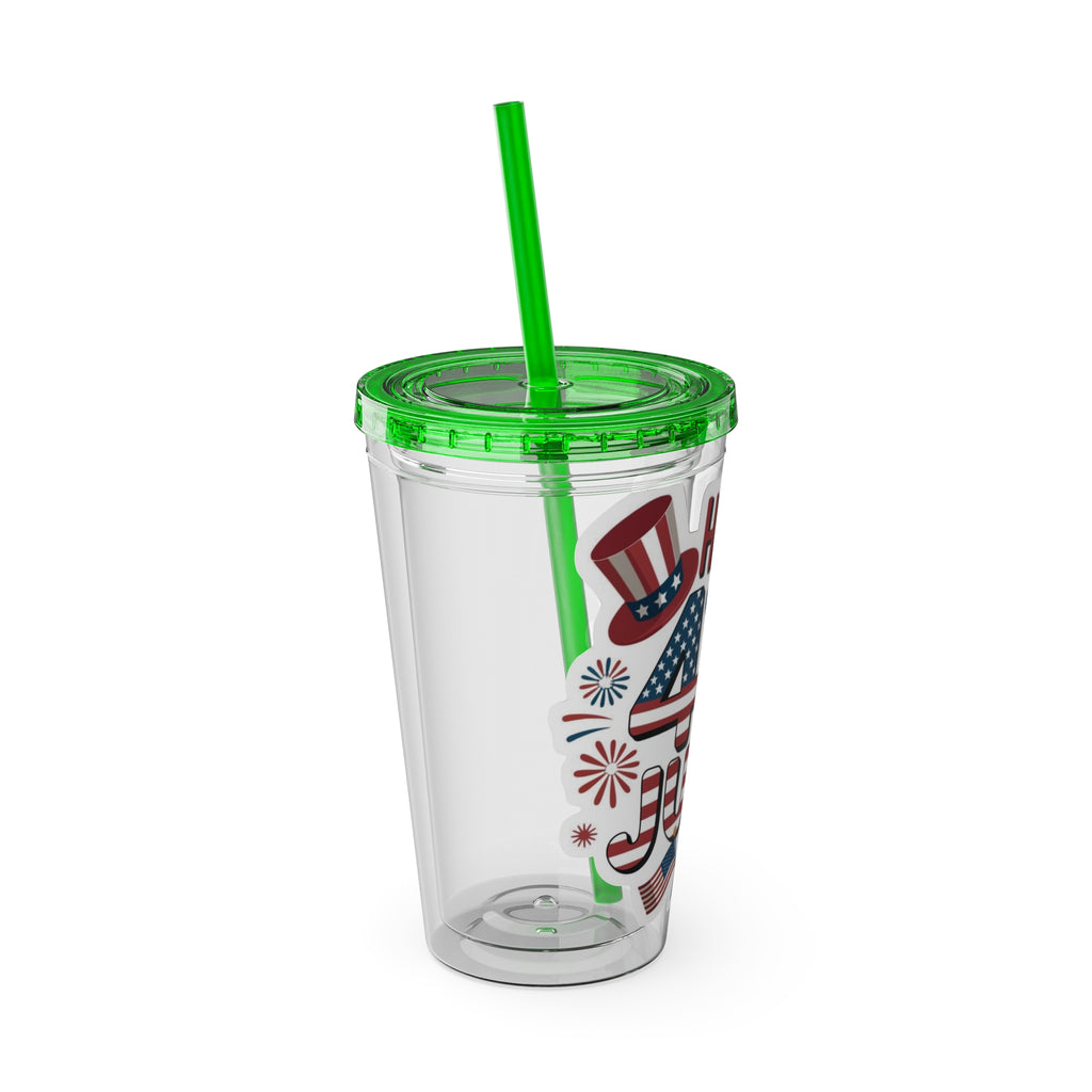 Happy 4th of July Tumbler | 16oz Straw Cup, Patriotic Fireworks Flag Design