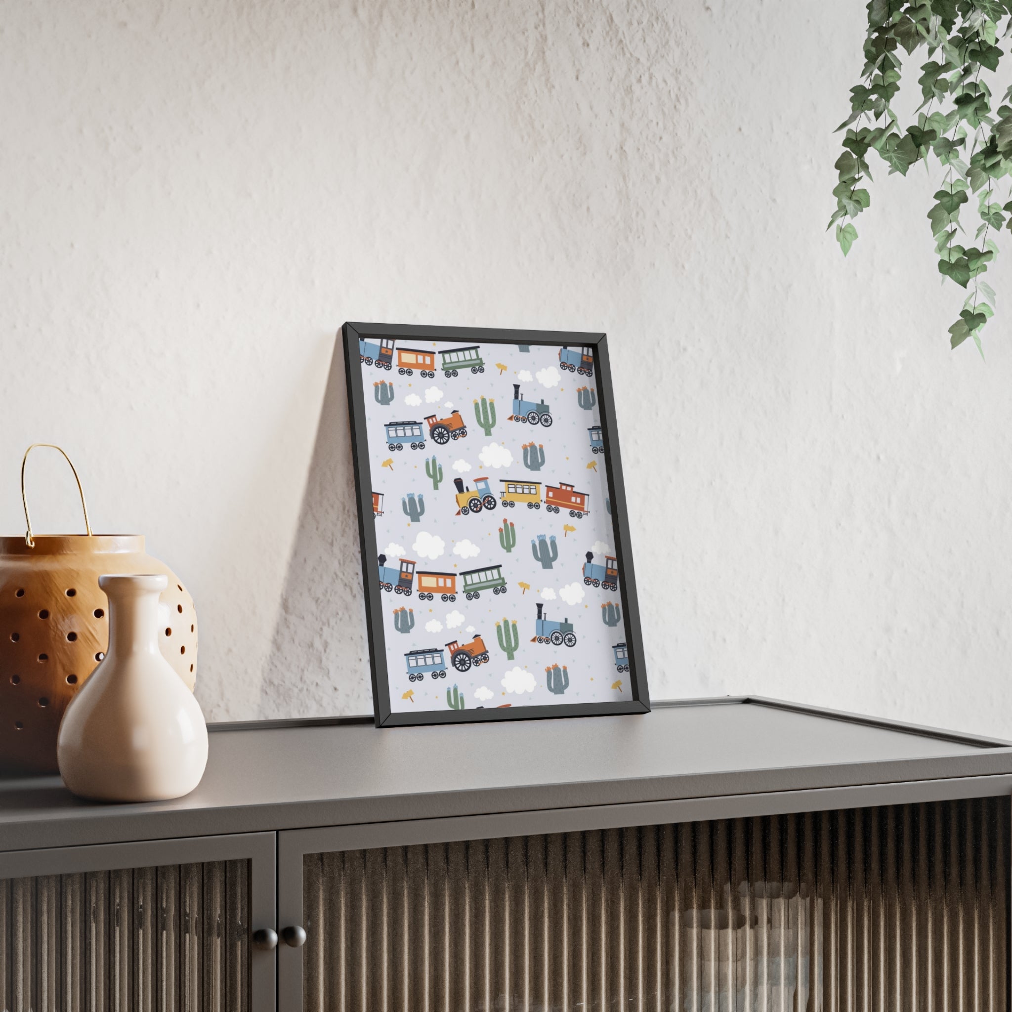 Kids' Train Poster with Wooden Frame — Nursery Wall Art, Playroom Decor