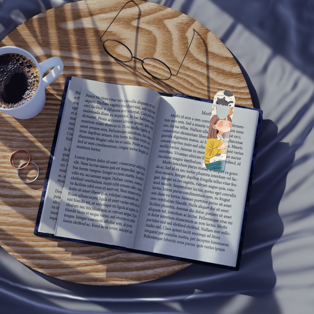 Bookmark — Cute Girl with Cats Metal Bookmark (Cozy Reading, Cat Lover Gift)