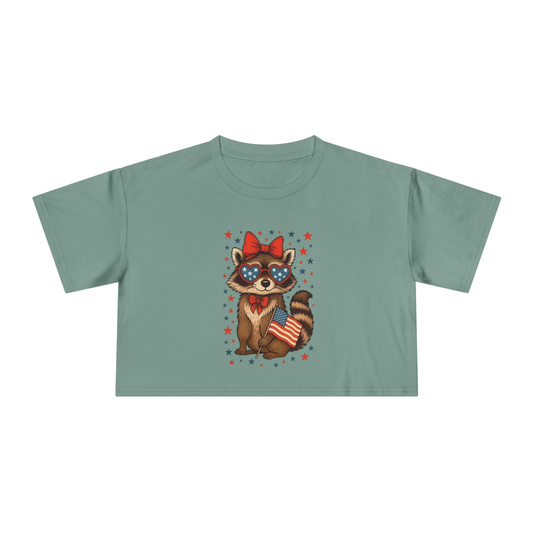 Patriotic Raccoon Heart Crop Tee | 4th of July Stars & Stripes