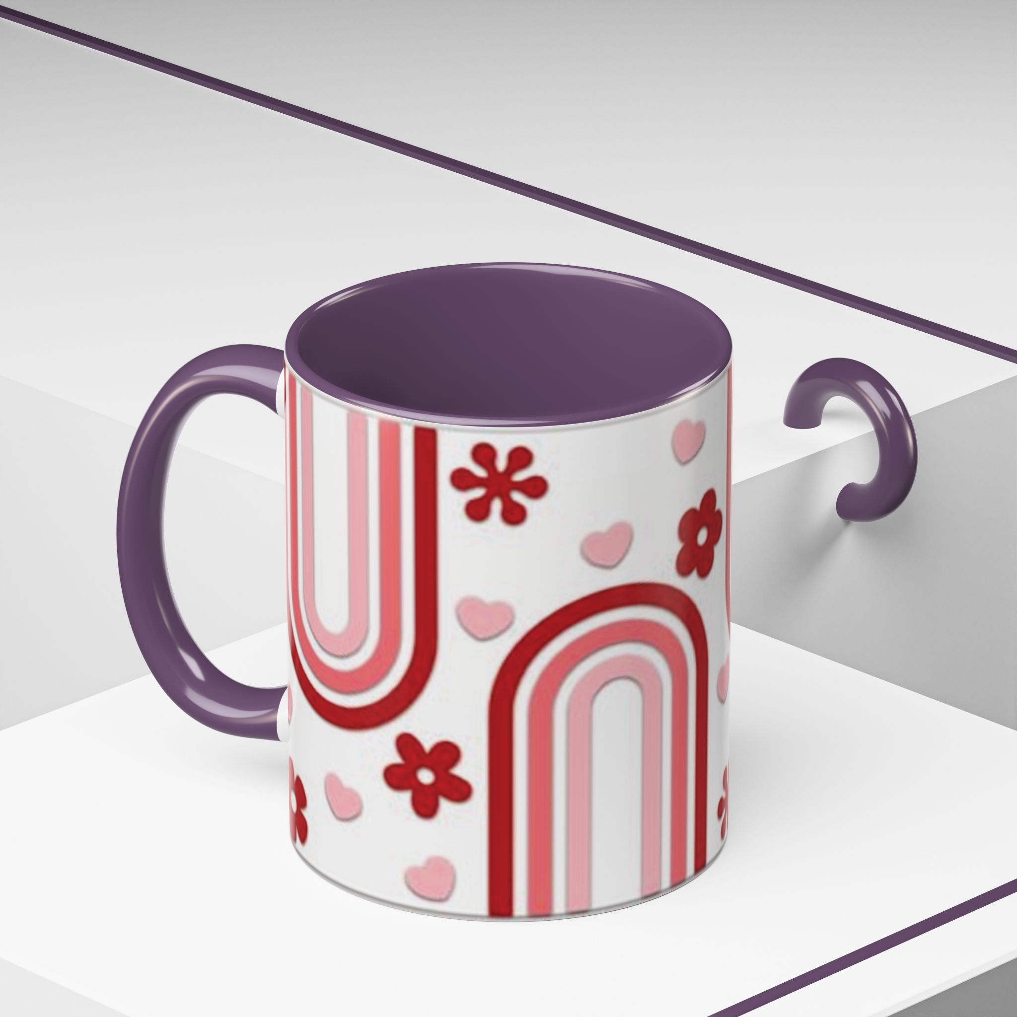 Retro Pink Rainbow Hearts and Flowers Accent Mug | 11oz or 15oz