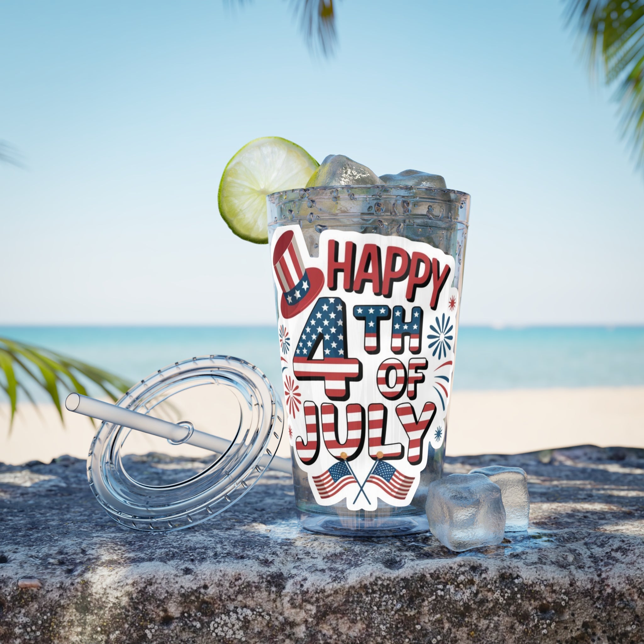 Happy 4th of July Tumbler | 16oz Straw Cup, Patriotic Fireworks Flag Design