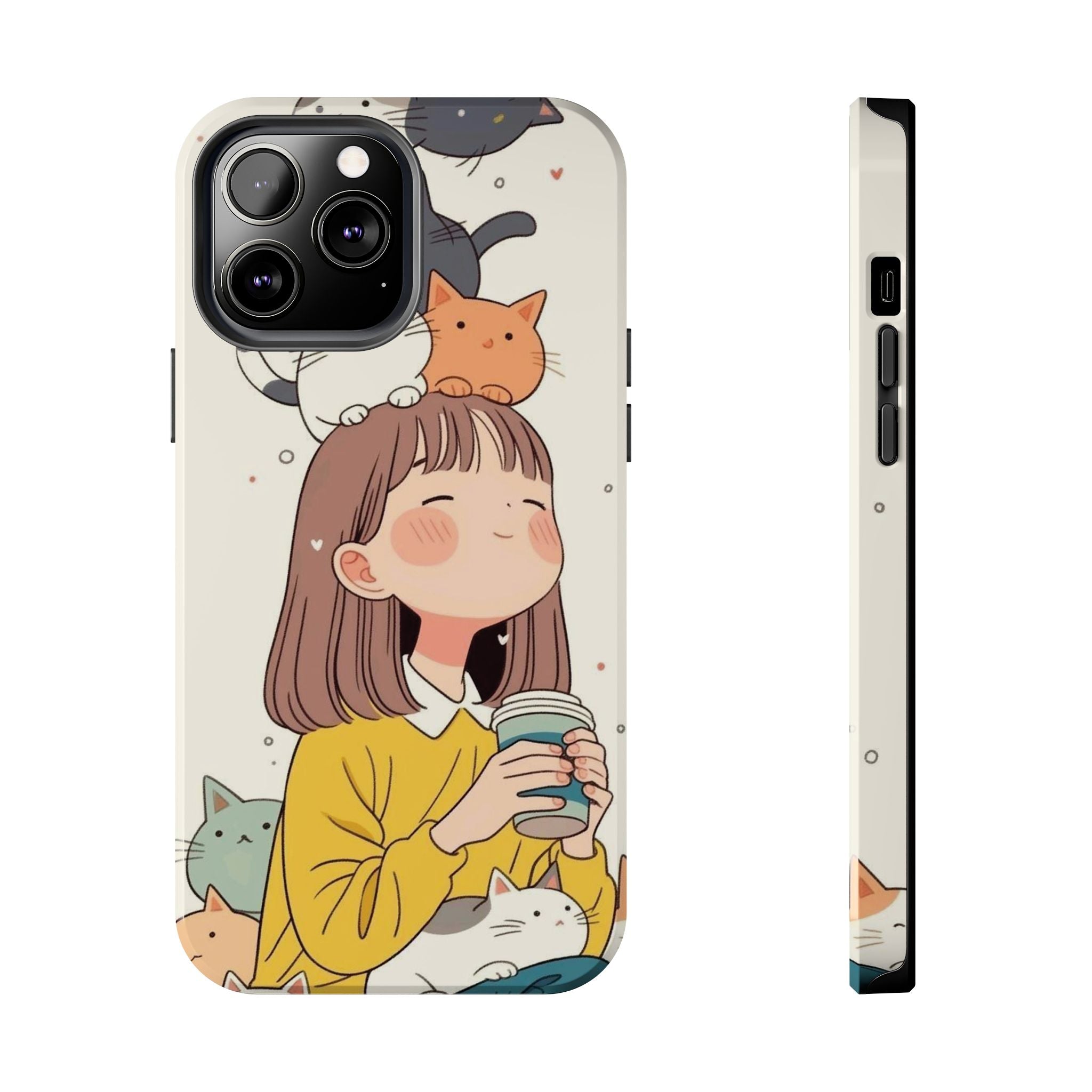 Girl with Cats Phone Case | Cute Cat Stack Illustration