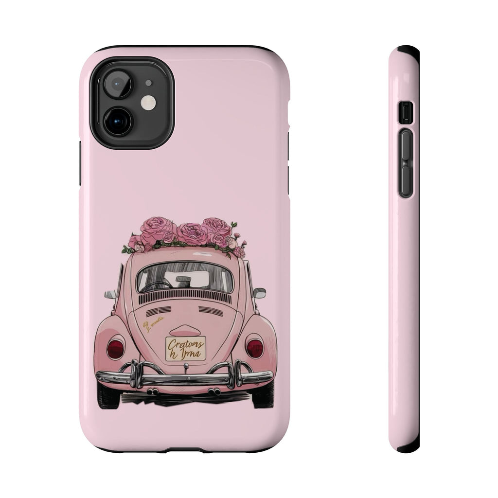 Vintage Pink Beetle with Roses Phone Case | Floral Car Tough Phone Case