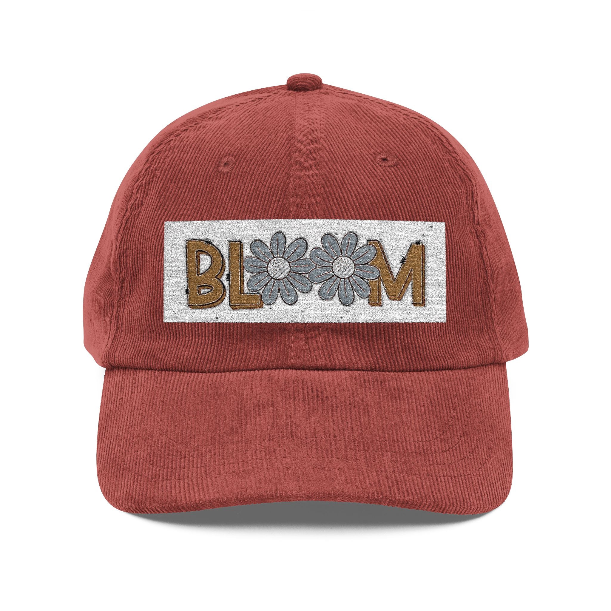 Vintage Corduroy Cap — Embroidered 'BLOOM' Floral Patch