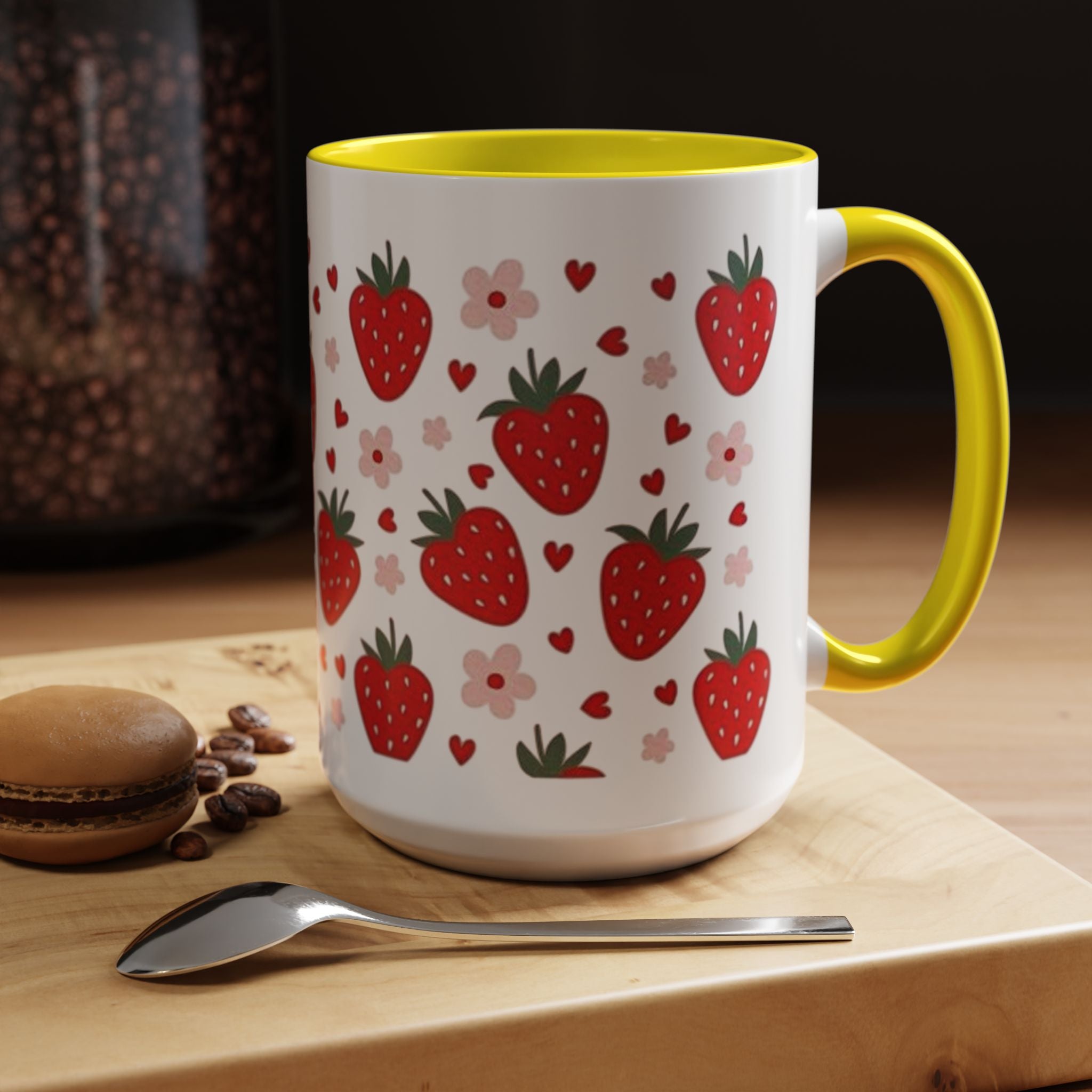 Strawberry Pattern Accent Coffee Mug — Cute Red Berries & Hearts 11/15oz
