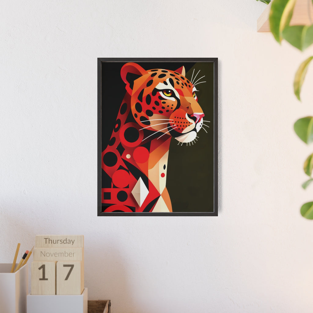 Geometric Leopard Art Poster with Wooden Frame — Bold Wildlife Wall Decor